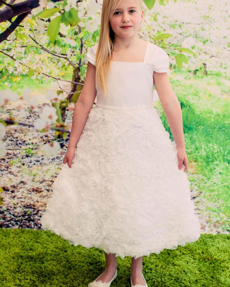 Ivory Flower Square Neck Girl's Pageant Dress