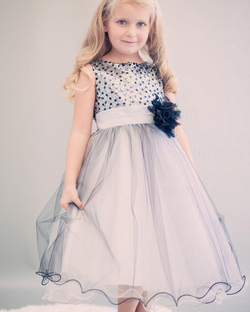 Blue Tulle Beading Pageant Dress for Girls with Flower
