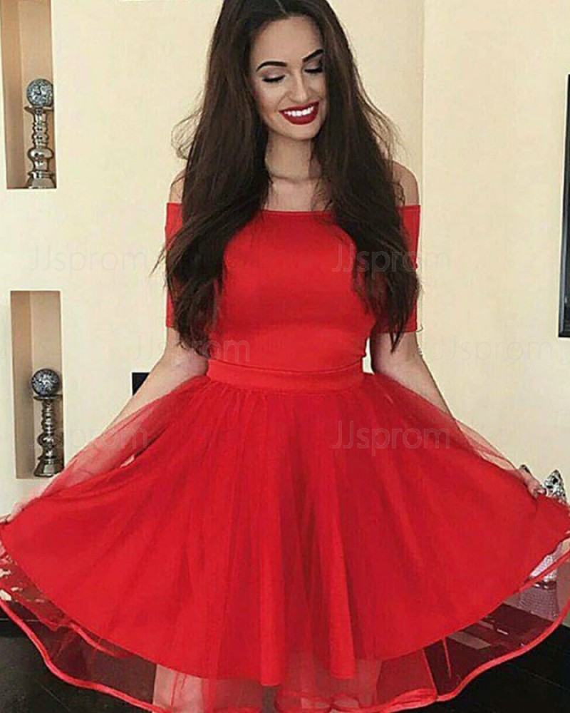 Simple Red Satin Off the Shoulder Homecoming Dress with Short Sleeves HD3355