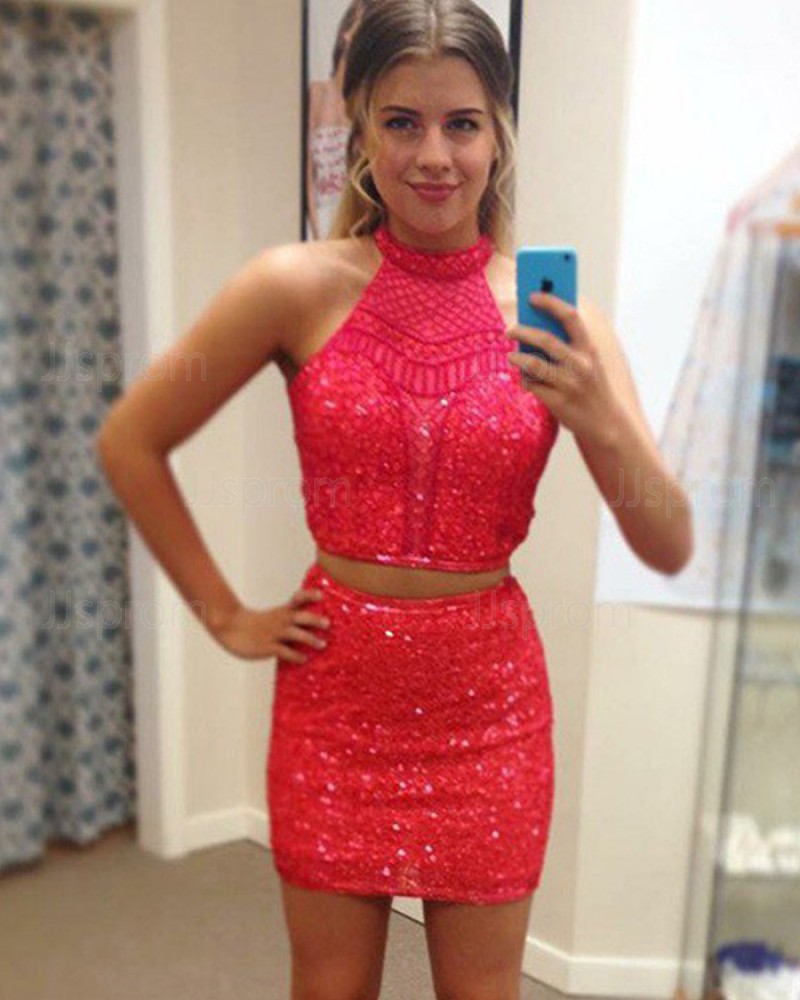  Red Tight High Neck Sequin Two Piece Club Dress HD3377