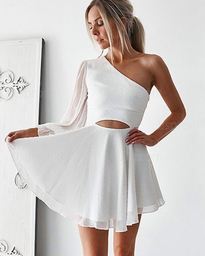 White Cutout Chiffon One Shoulder Homecoming Dress with Long Sleeve HD3379