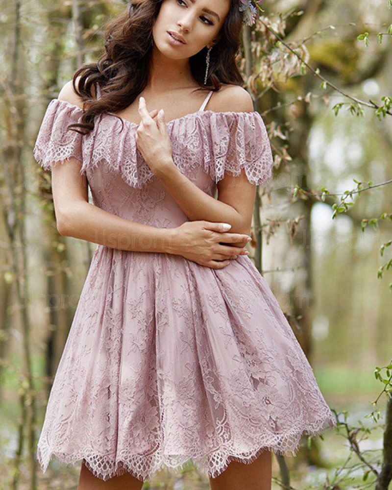 Lavender Spaghetti Straps Lace Pleated Homecoming Dress HD3382