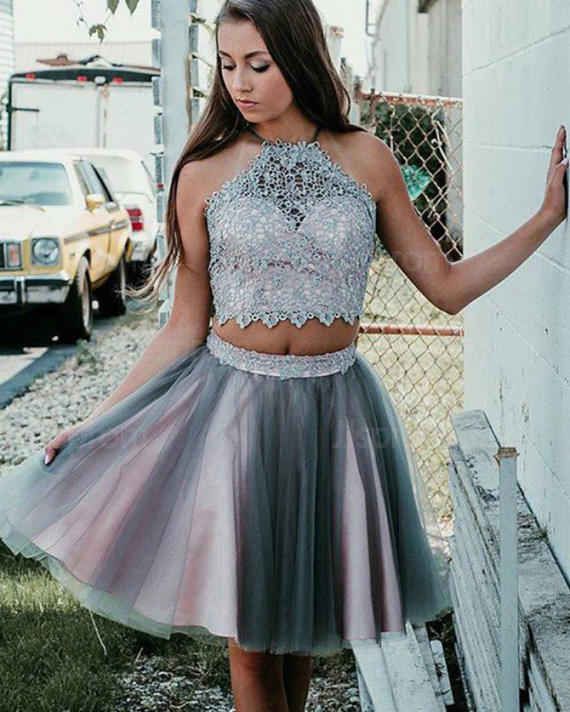 Pink and Grey Halter Neck Two Piece Lace Bodice Homecoming Dress HD3384