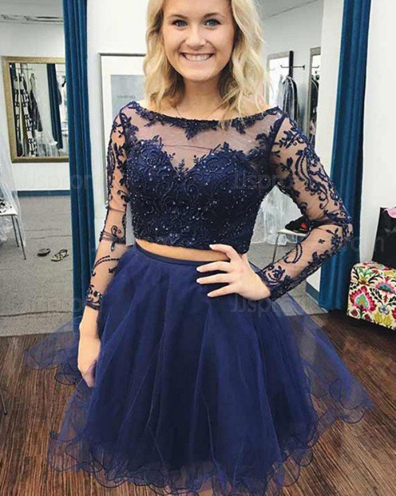 Navy Blue Beading Two Piece Embroidery Homecoming Dress with Long Sleeves HD3387