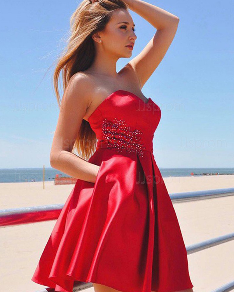 Red Satin Sweetheart Beading Homecoming Dress with Pockets HD3388