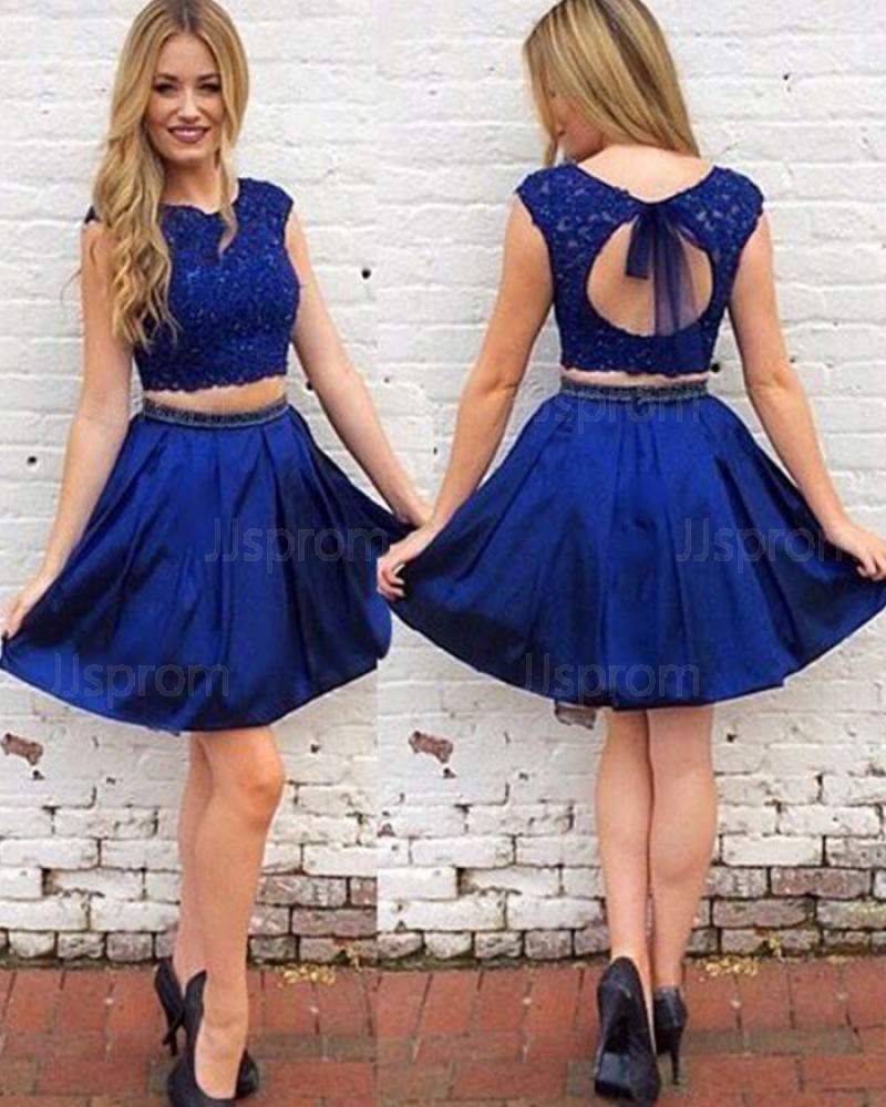Royal Blue Lace Bodice Two Piece Satin Homecoming Dress HD3389
