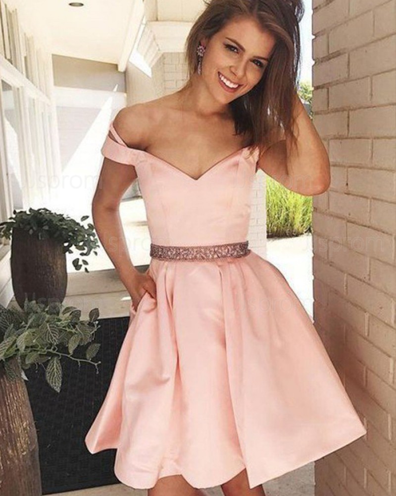 Pink Beading Waist V-neck Satin Homecoming Dress with Pockets HD3397
