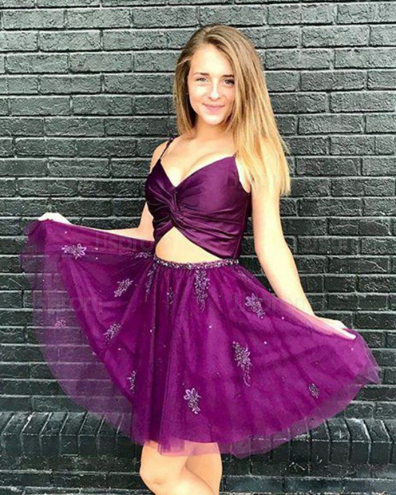 Purple Cutout Spaghetti Straps Crisscross Appliqued Homecoming Dress HD3400