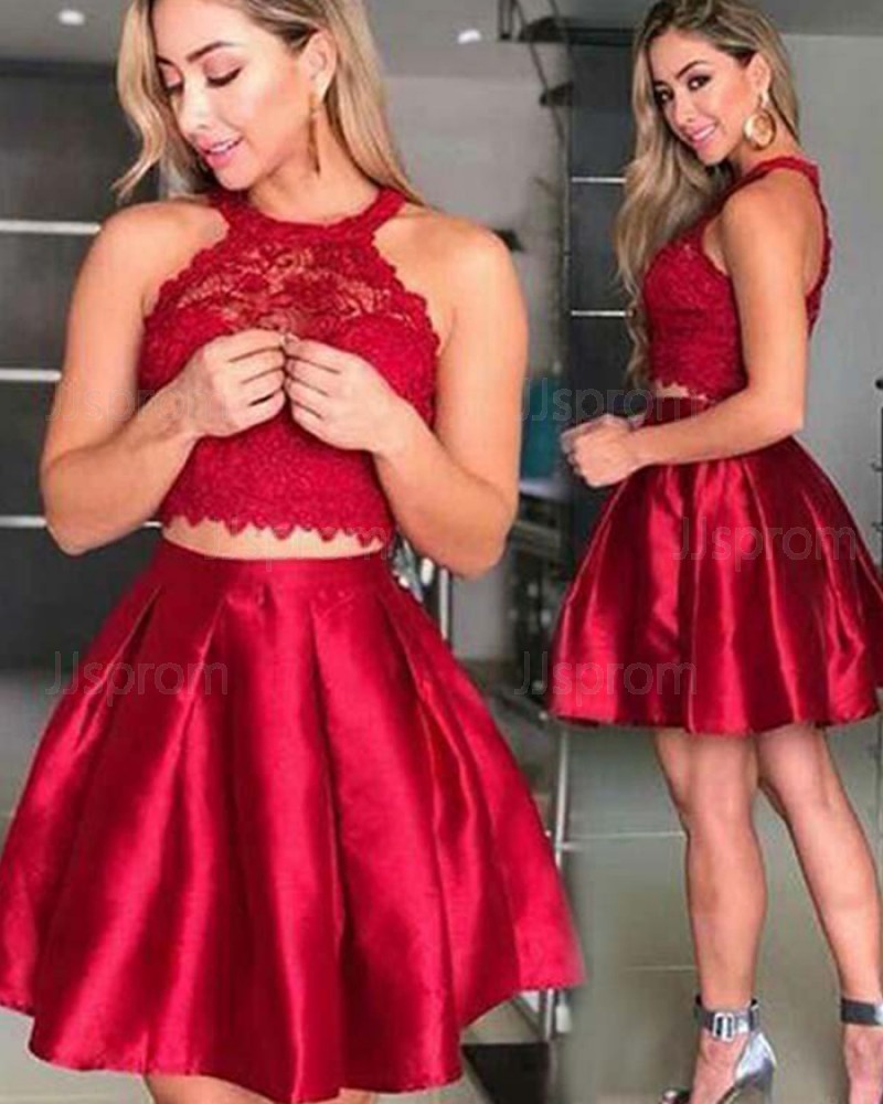 Red Satin Halter Two Piece Lace Bodice Homecoming Dress HD3402