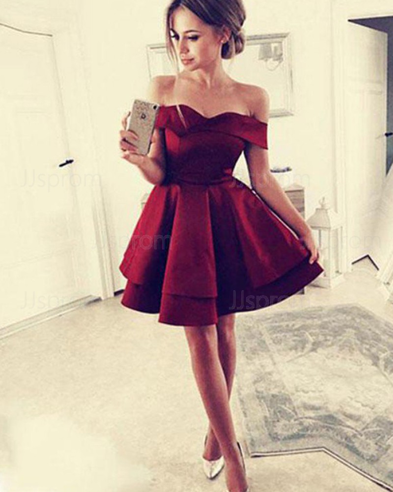 Simple Red Layered Off the Shoulder Satin Homecoming Dress HD3405