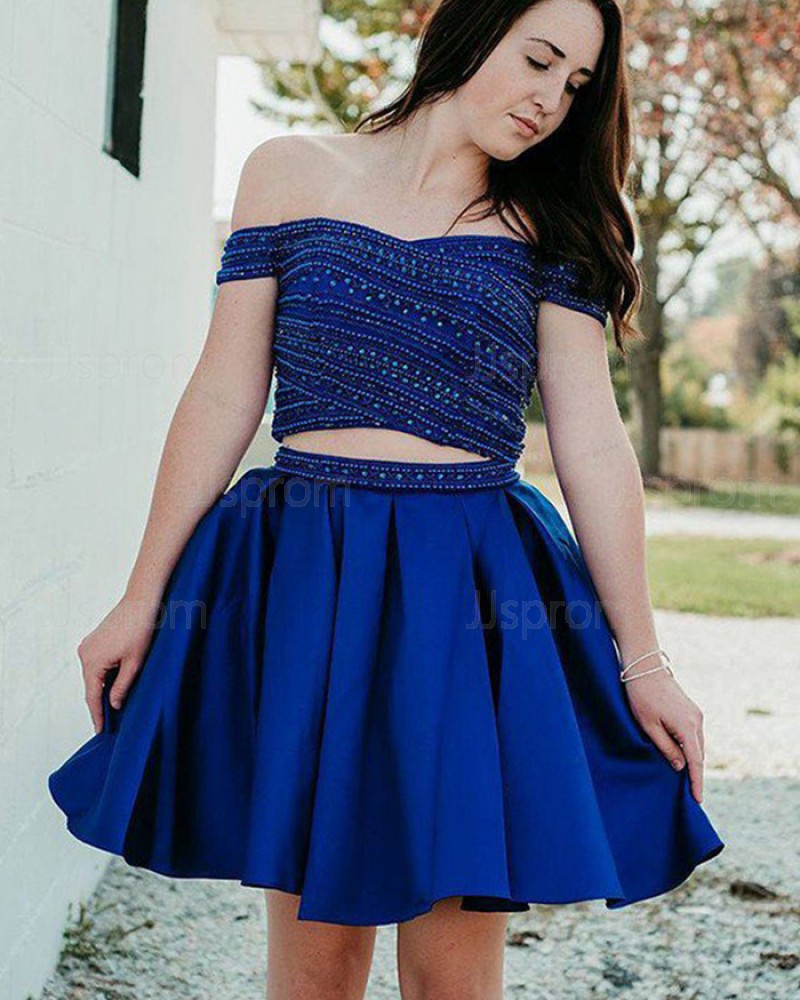 Blue Beading Two Piece Off the Shoulder Pleated Homecoming Dress HD3410