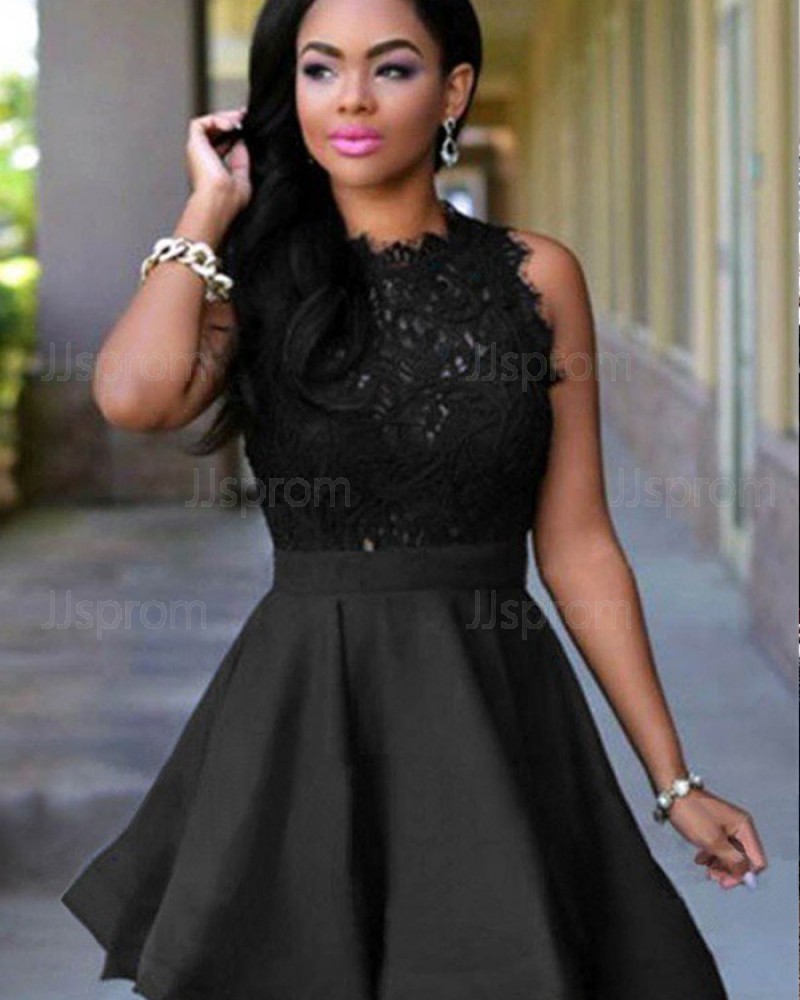 Black High Neck Lace Bodice Homecoming Dress HD3415
