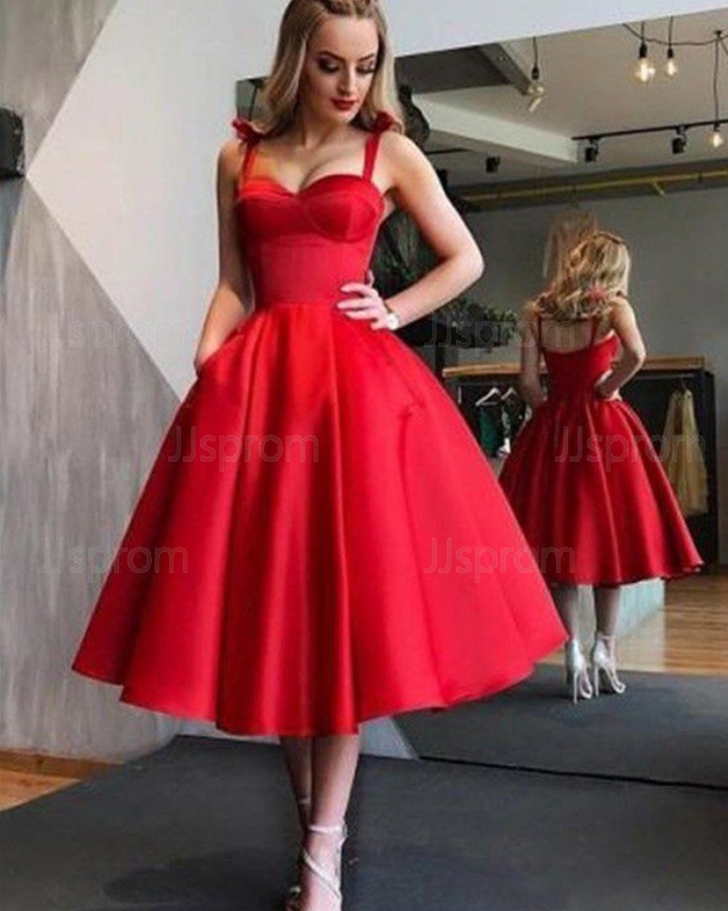 Simple Red Satin Tea Length Square Graduation Dress with Pockets HD3417