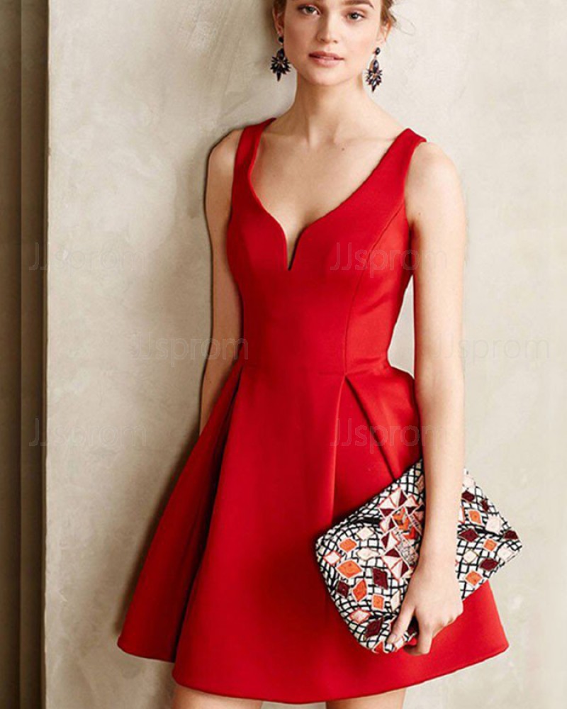 Simple Red Cutout Satin Elegant Square Neck Short Formal Dress HD3421