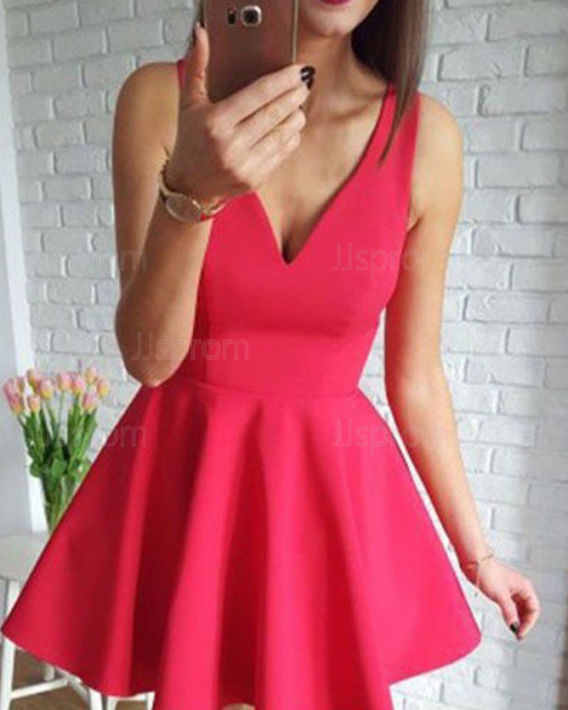 Simple Red Satin V-neck Homecoming Dress for School Dance HD3425