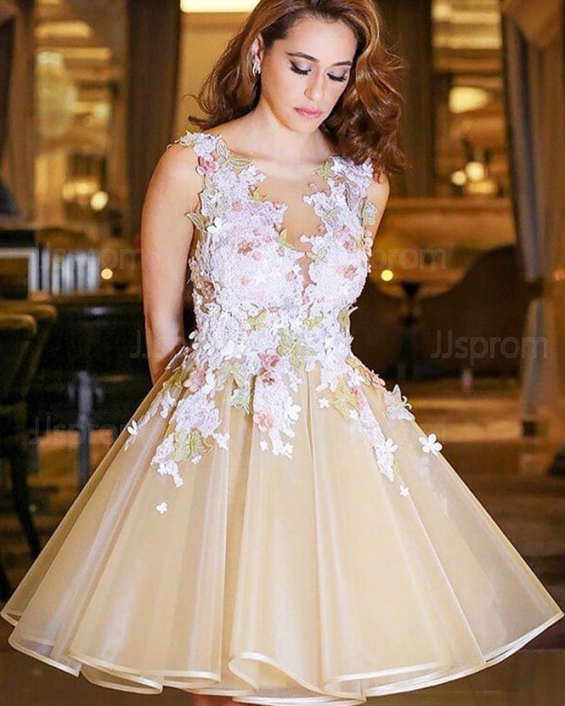 Short Tulle Appliqued Bateau Champagne Formal Dress HD3427