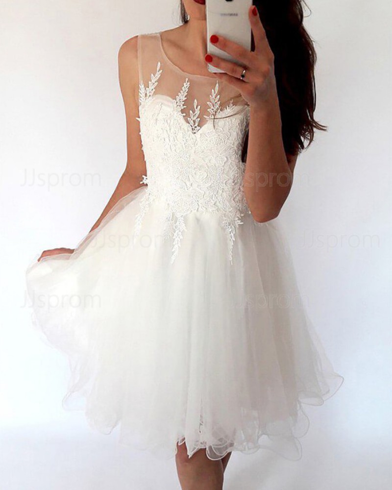 Sheer White Pleated Tulle Lace Appliqued Bodice Homecoming Dress HD3428