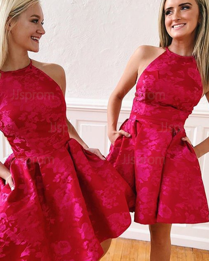 Red Lace High Neck Homecoming Dress with Pockets HD3489