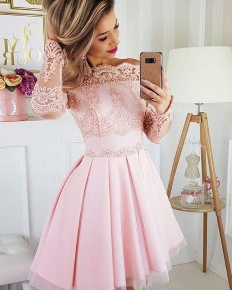 Off the Shoulder Pink Pleated Lace Appliqued Homecoming Dress with Long Sleeves HD3501