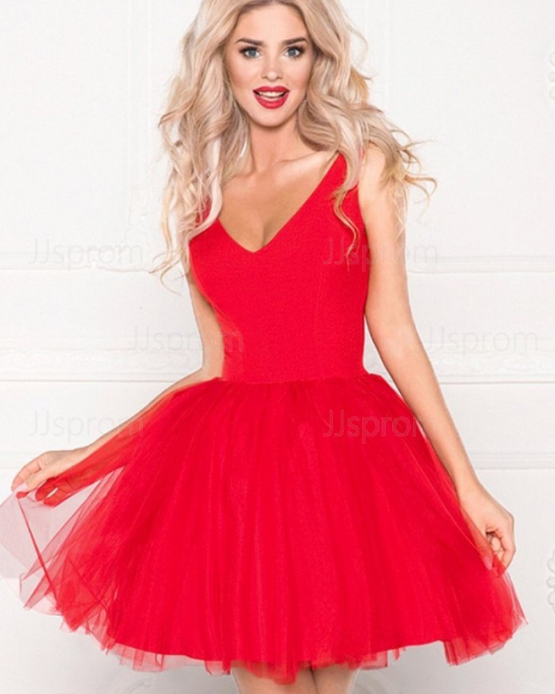 Simple V-neck Red Homecoming Dress with Tulle Skirt HD3506