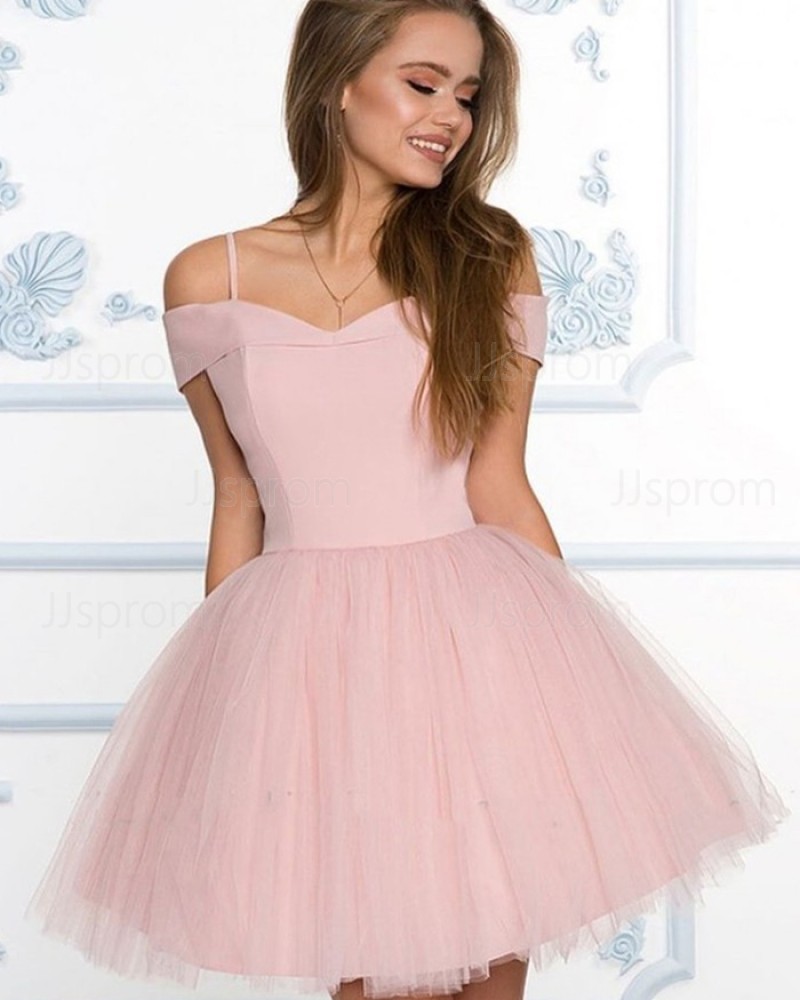 Simple Cold Shoulder Dusty Pink Homecoming Dress with Tulle Skirt HD3508
