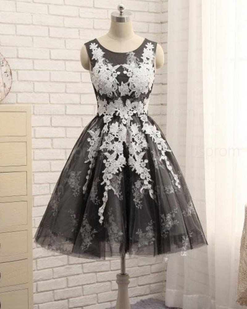 White & Black Scoop Neck Lace Appliqued A-line Homecoming Dress HD3518