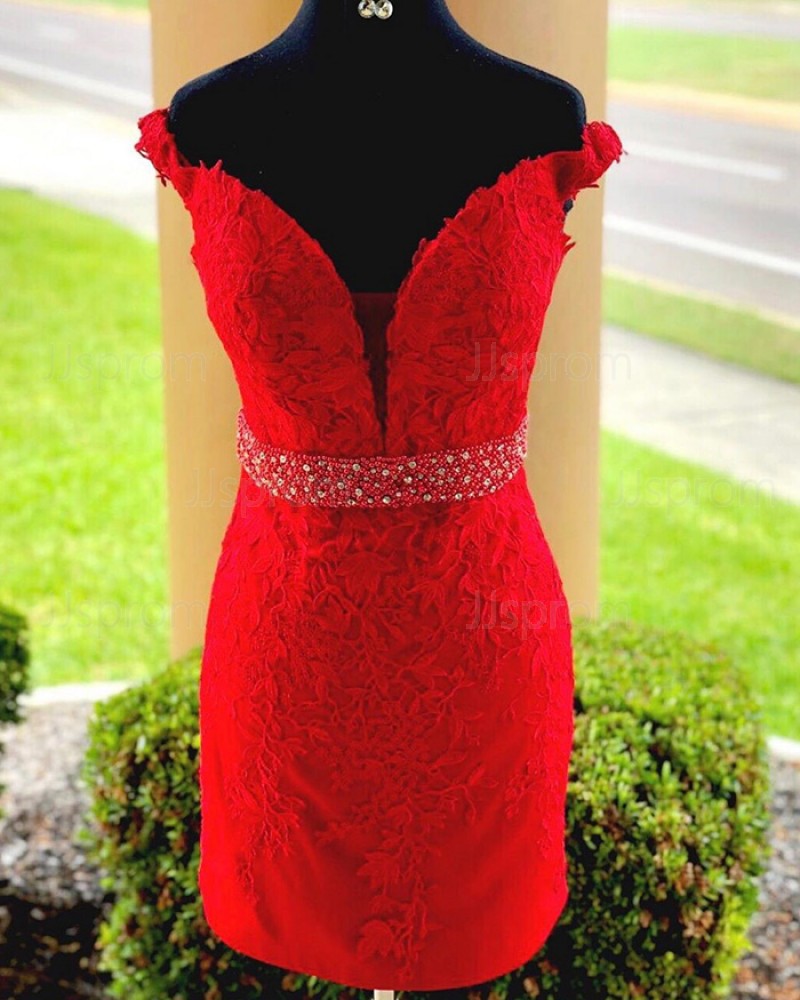 Red Bodycon Off the Shoulder Lace Appliqued Homecoming Dress with Beading Belt HD3524