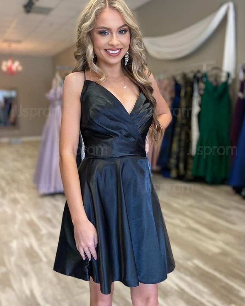 Spaghetti Straps Black Satin Ruched Short Homecoming Dress NHD3527