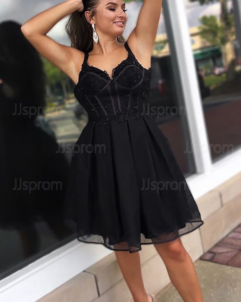 V-neck Tulle Black Beading Bodice Homecoming Dress HD3529