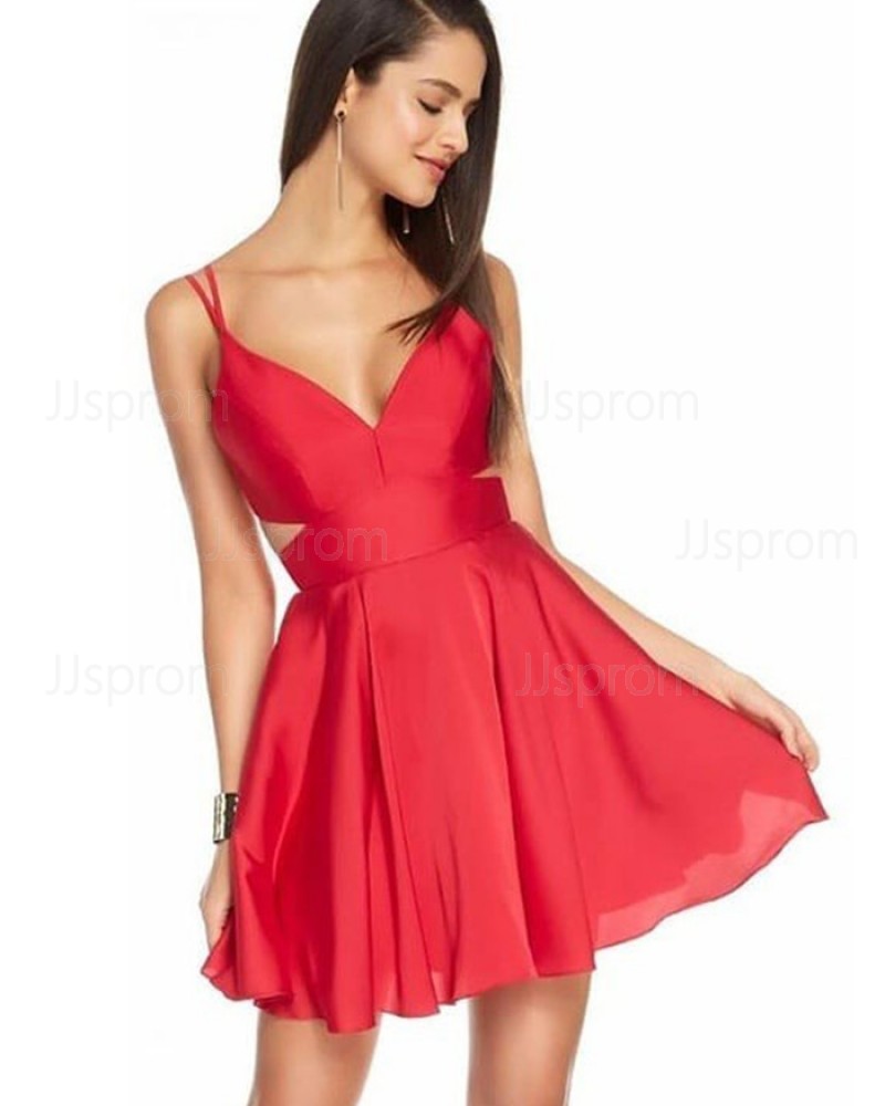 Simple Double Spaghetti Straps Red Cutout Homecoming Dress HD3530
