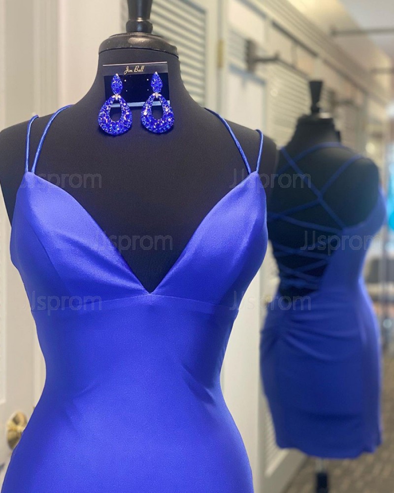 Spaghetti Straps Royal Blue Satin Tight Short Homecoming Dress NHD3530