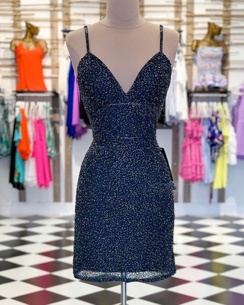 Navy Blue V-neck Beading Tulle Bodycon Party Dress HD3531