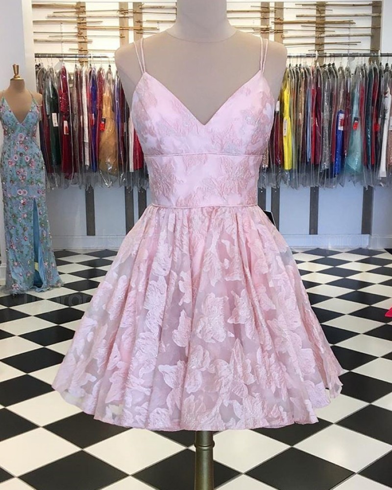 Pink Lace Double Spaghetti Straps Homecoming Dress HD3534