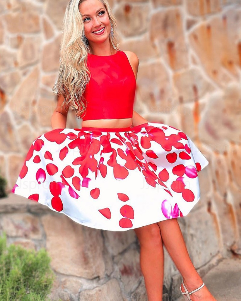 Red Jewel Neck Two Piece Homecoming Dress with Print Skirt HD3540