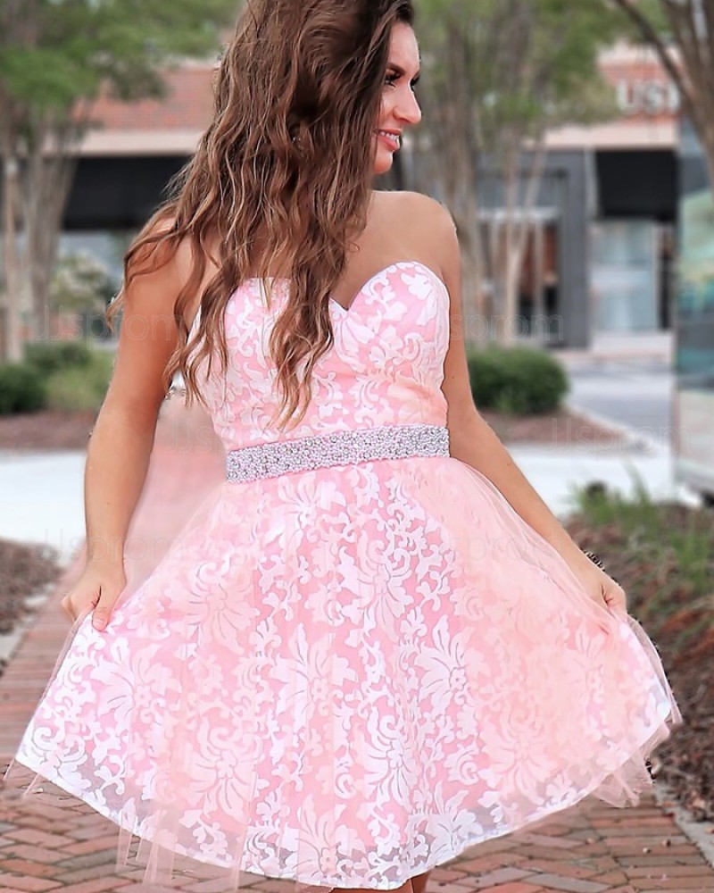 A-line Sweetheart Pink Lace Homecoming Dress with Beading Belt HD3541