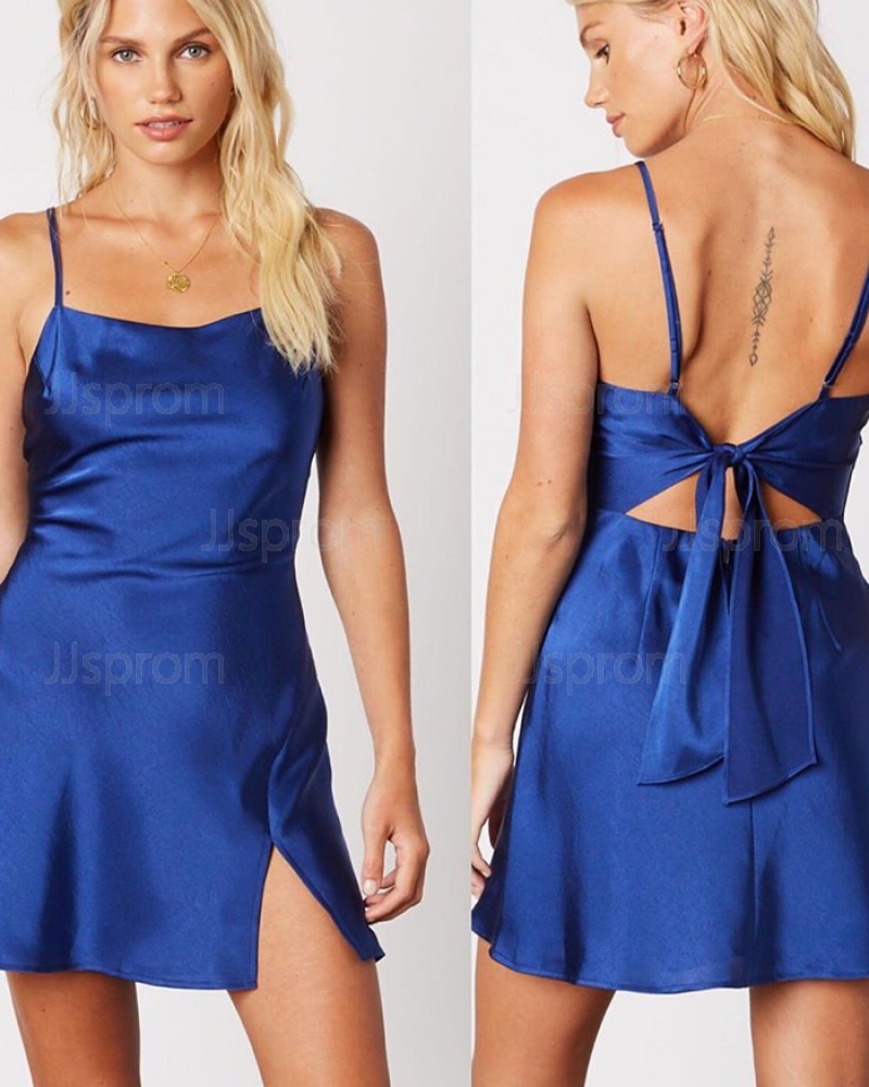 Simple Royal Blue Spaghetti Straps Homecoming Dress with Side Slit HD3551