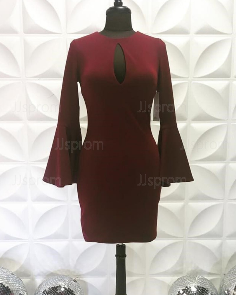 Jewel Neck Cutout Satin Burgundy Tight Short Homecoming Dress with Bell Sleeves NHD3557