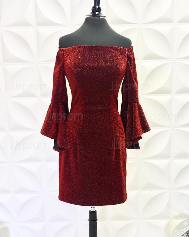 Burgundy Off the Shoulder Metallic Tight Short Homecoming Dress with Bell Sleeves NHD3558
