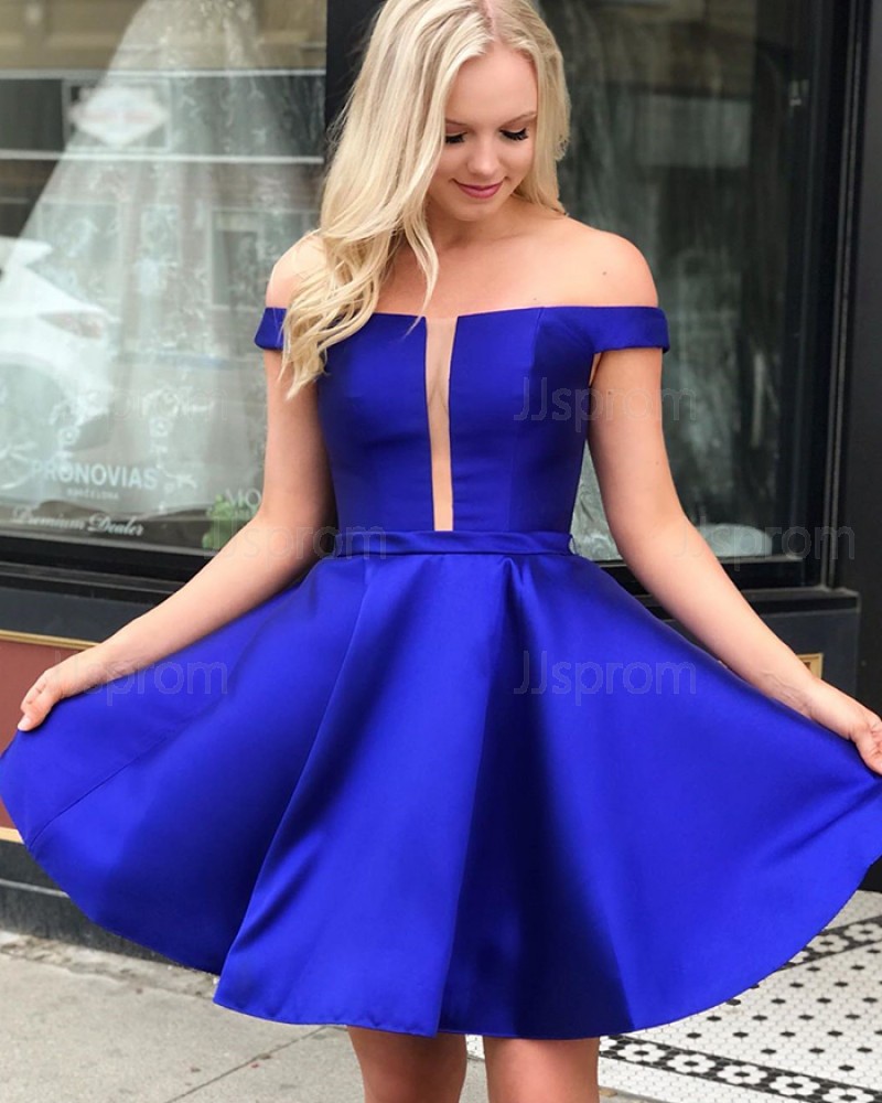 Simple Off the Shoulder Royal Blue Satin Homecoming Dress HD3559