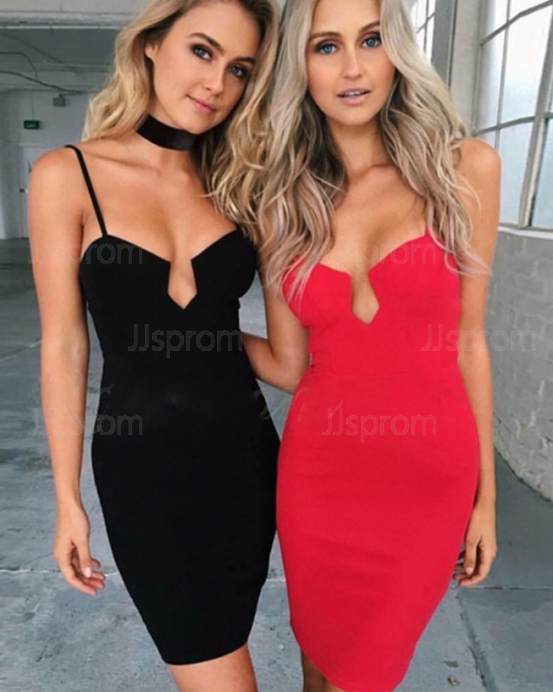 Simple Black Spaghetti Straps Satin Tight Short Homecoming Dress NHD3561