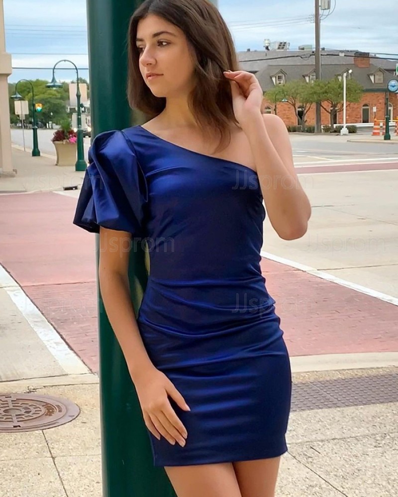 One Shoulder Navy Blue Tight Short Homecoming Dress with Short Sleeves NHD3563
