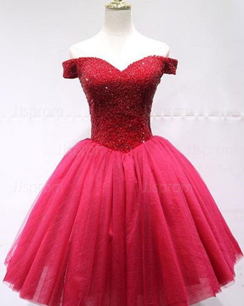 Beading Bodice Tulle Off the Shoulder Red Homecoming Dress HD3565