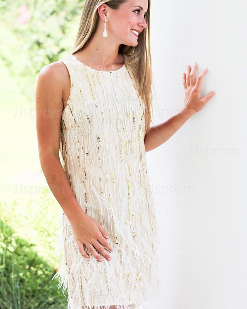White Tight Jewel Neck Sheath Sequin Homecoming Dress with Feather HD3569