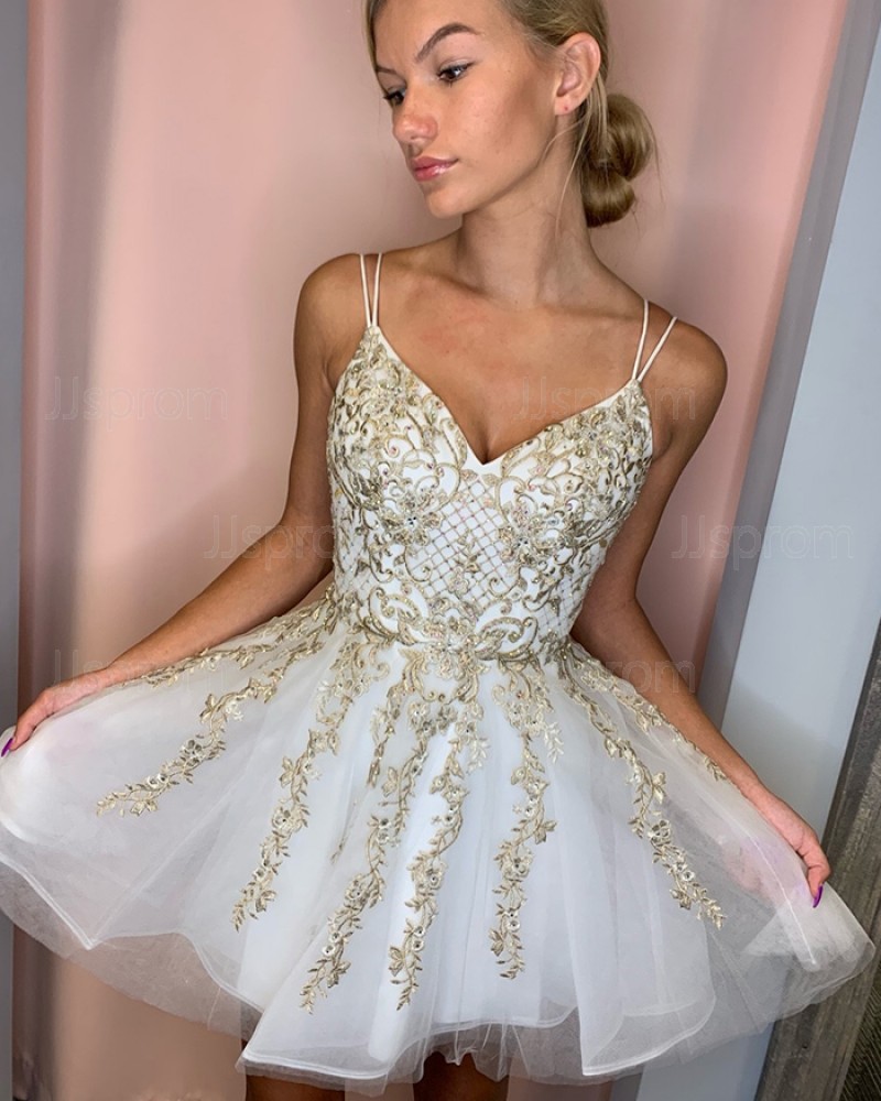 Tulle White Double Spaghetti Straps Homecoming Dress with Gold Lace HD3571