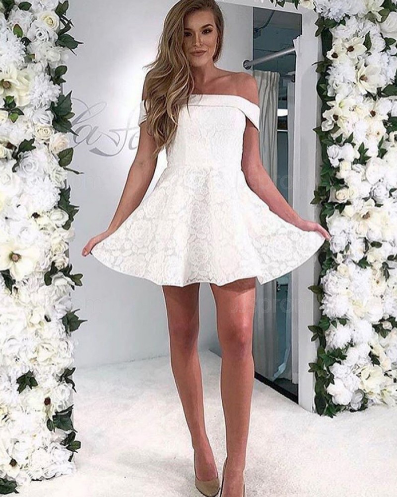 White Lace Short Off the Shoulder A-line Homecoming Dress HD3574