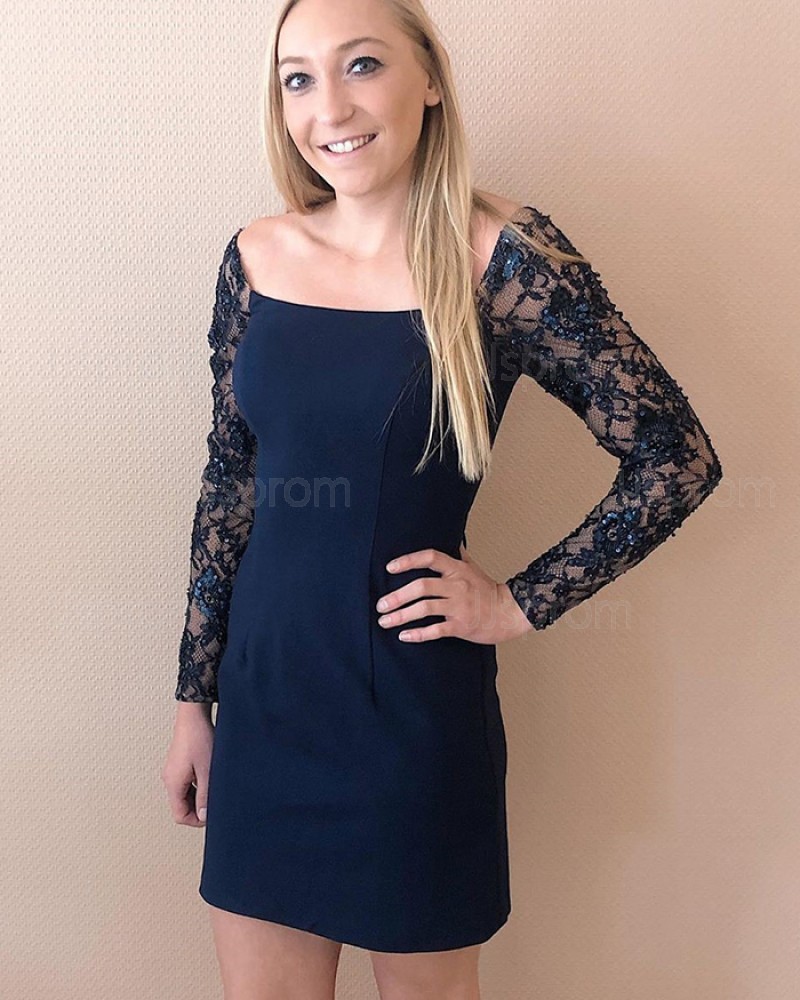 Tight Square Navy Blue Satin Homecoming Dress with Lace Long Sleeves HD3579