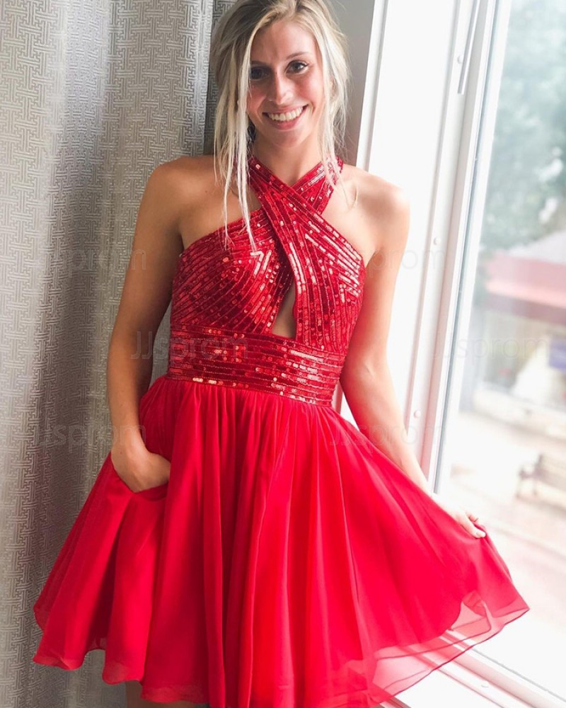 Red Sequin Bodice Criss-cross Short Homecoming Dress with Chiffon Skirt HD3617