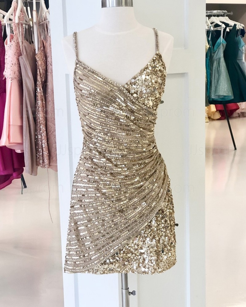 Gold Sparkle Beading Spaghetti Straps Tight Short Homecoming Dress HD3626