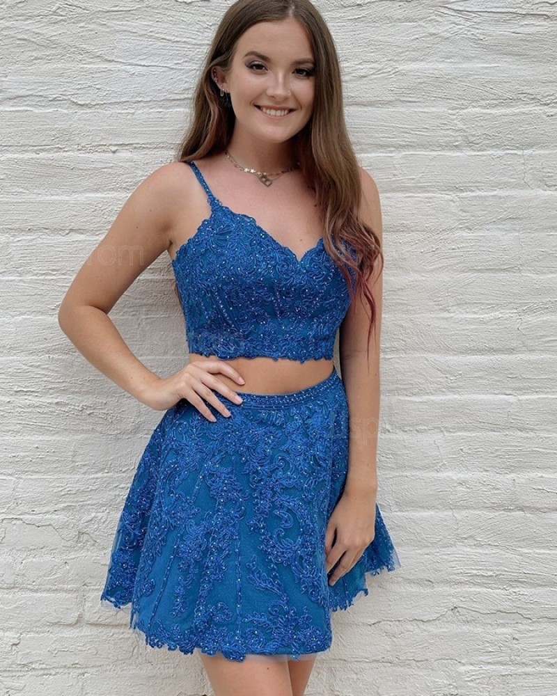 Two Piece Spaghetti Straps Beading Lace Blue Short Homecoming Dress HD3628