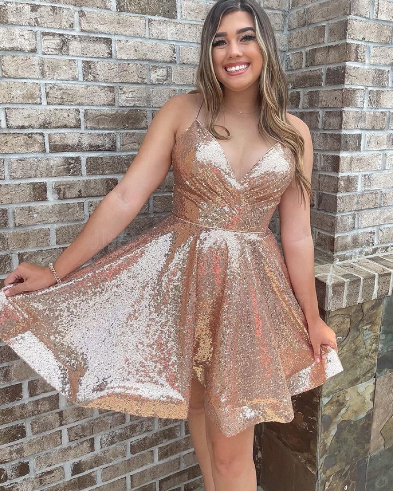 Rose Gold Spaghetti Straps Sequin Ruched A-line Short Homecoming Dress HD3630